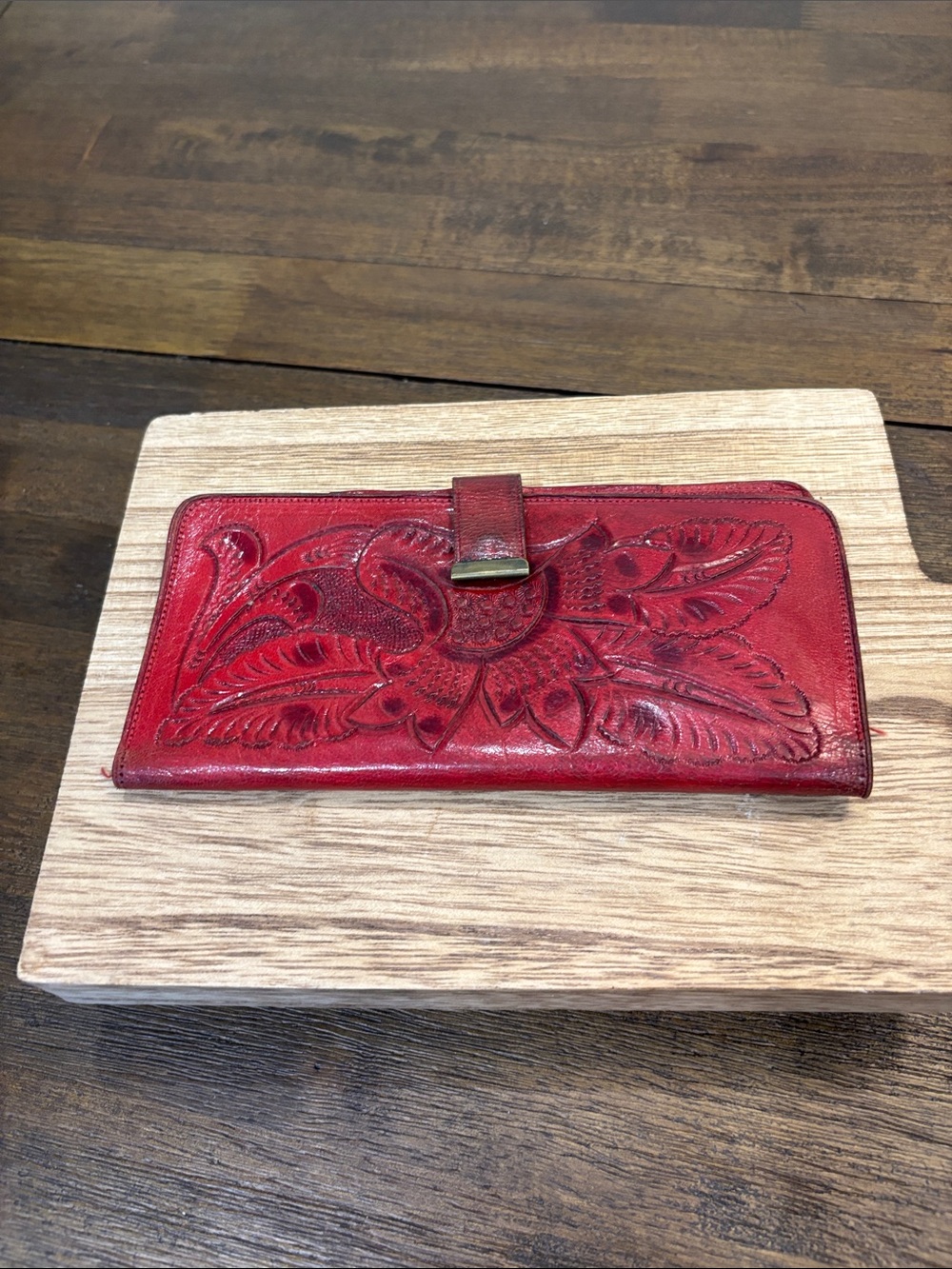Vintage Mexican Embossed Red Leather Floral Wallet